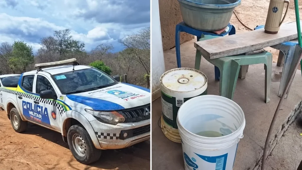 Montagem com viatura da Polícia Militar estacionada em estrada de terra, à esquerda, e balde branco com água próximo a outros recipientes e uma mesa, à direita.