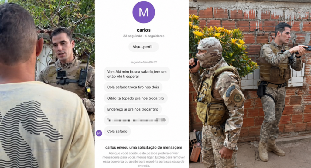 Montagem com mensagens que desafiam um delegado a trocar tiros e fotografia de policiais armados.