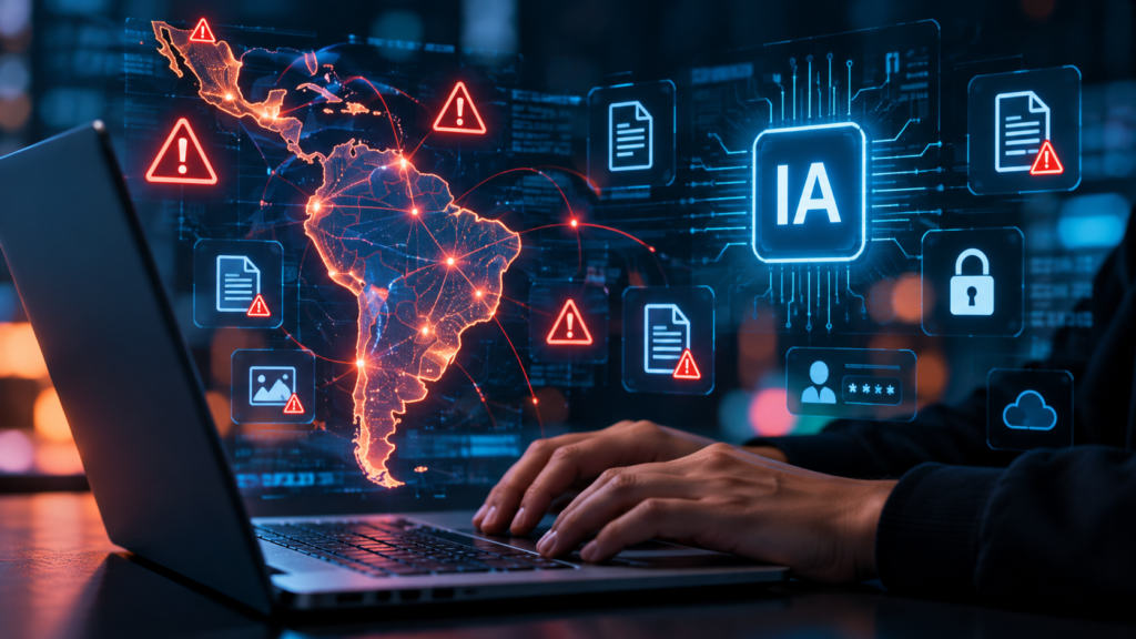 Ilustração de inteligência artificial e segurança digital, relacionada aos riscos de exposição de dados sensíveis em ferramentas de IA.