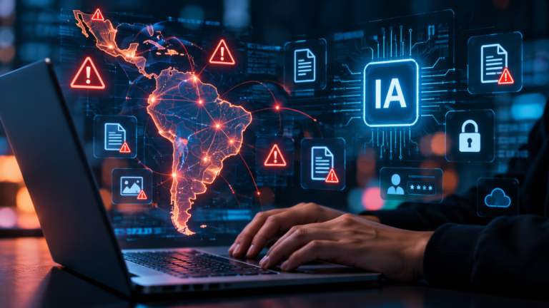 Ilustração de inteligência artificial e segurança digital, relacionada aos riscos de exposição de dados sensíveis em ferramentas de IA.