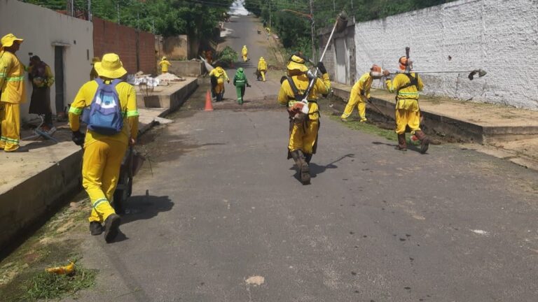 Trabalhadores da limpeza pública durante serviços de capina ou varrição nas ruas de Teresina.