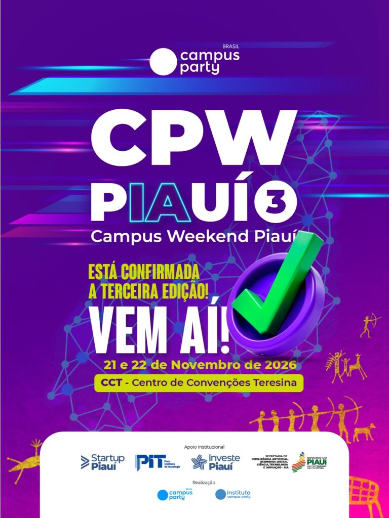 Arte roxa de divulgação da Campus Weekend Piauí 3, com nome do evento em letras brancas e azuis.