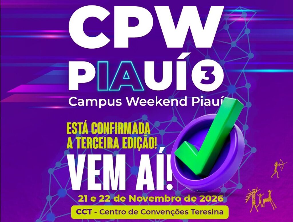 Arte roxa de divulgação da Campus Weekend Piauí 3, com nome do evento em letras brancas e azuis.