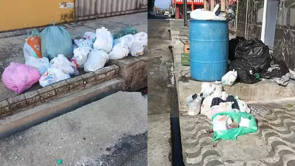 Montagem de duas fotografias com sacos de lixo acumulados em calçadas de Teresina, incluindo um tambor azul ao lado dos resíduos.