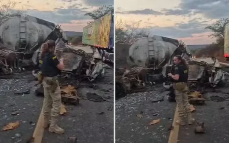 Montagem com duas imagens de veículos de carga danificados, destroços espalhados pela pista e uma pessoa uniformizada no local.