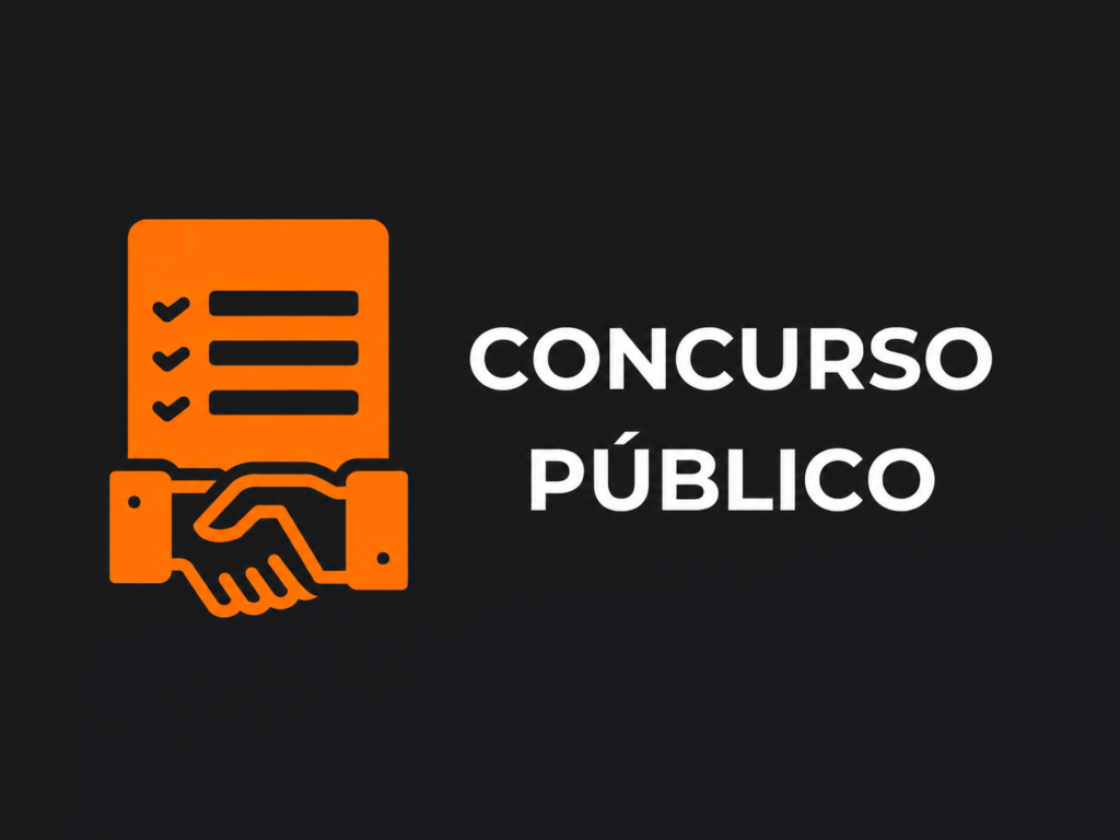 Arte com fundo preto, ícones laranja de lista de tarefas e aperto de mãos e a expressão Concurso Público em letras brancas.