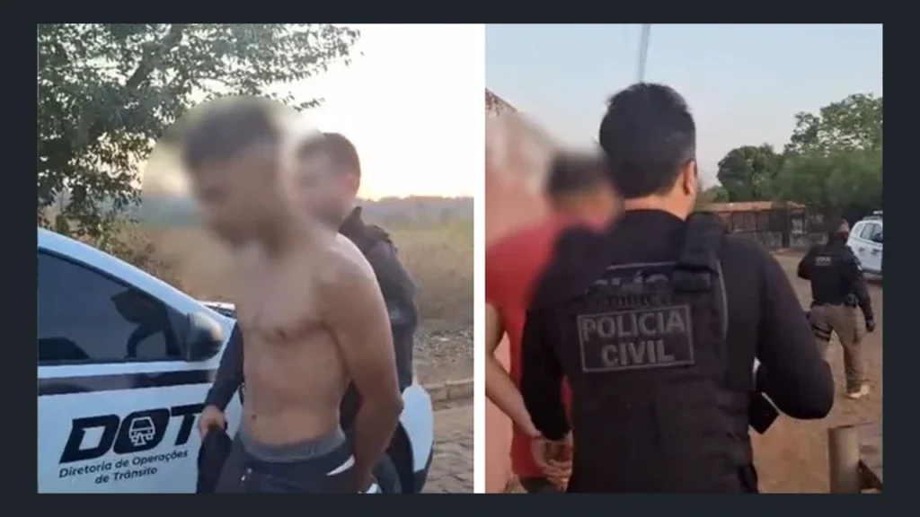 Montagem de duas imagens de ação policial: à esquerda, homem com rosto desfocado ao lado de viatura; à direita, policial civil de costas próximo a outra pessoa. As fotos são separadas por uma faixa branca.