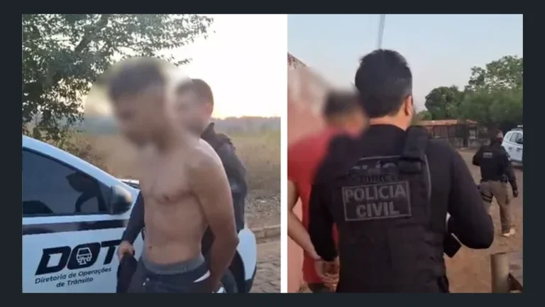 Montagem de duas imagens de ação policial: à esquerda, homem com rosto desfocado ao lado de viatura; à direita, policial civil de costas próximo a outra pessoa. As fotos são separadas por uma faixa branca.