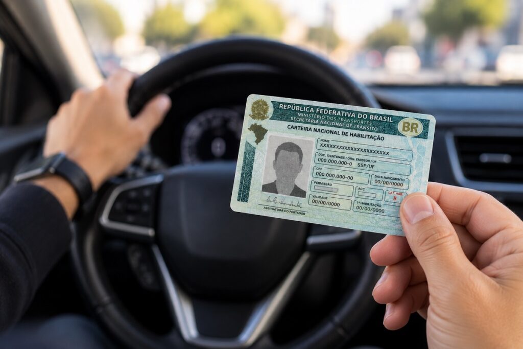 Modelo oficial da Carteira Nacional de Habilitação brasileira com os campos de identificação do condutor.