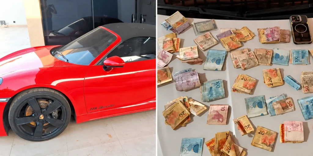 Montagem com Porsche conversível vermelha à esquerda e cédulas de real espalhadas sobre uma mesa, ao lado de um celular, à direita.