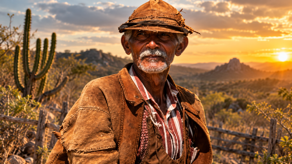Homem sertanejo em paisagem de clima semiárido durante o pôr do sol