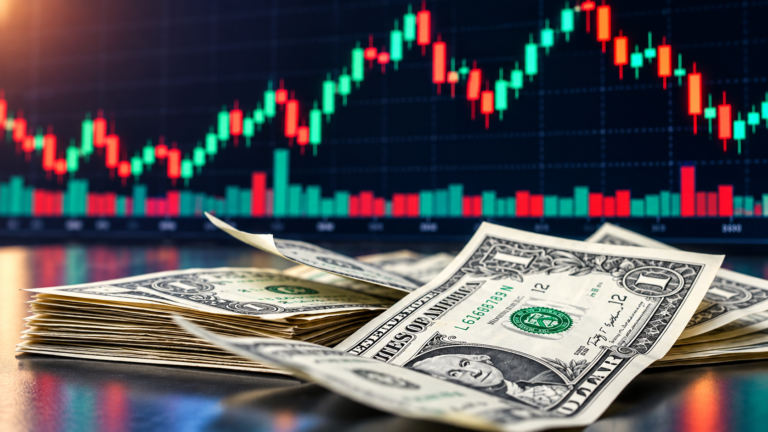 Notas de dólar em primeiro plano, com gráfico de oscilações do mercado financeiro ao fundo.