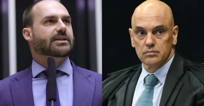 Montagem de dois retratos: à esquerda, homem de blazer roxo diante de microfone; à direita, homem careca de terno escuro e gravata.