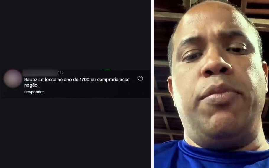 Montagem com captura de comentário racista no Instagram à esquerda, com identificação do perfil desfocada, e Enzo Samuel à direita.
