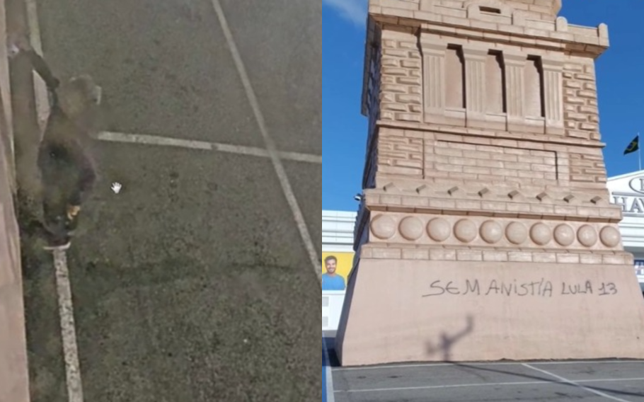 Montagem com registro de câmera de segurança de pessoa pichando a base da réplica da Estátua da Liberdade da Havan, em Natal.