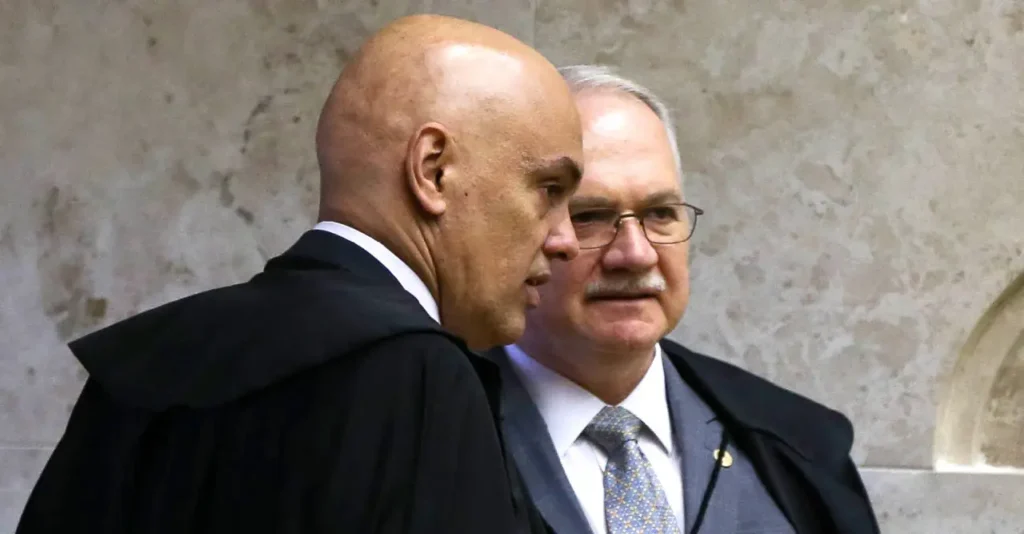Alexandre de Moraes em primeiro plano, ao lado de Edson Fachin, durante sessão do Supremo Tribunal Federal.