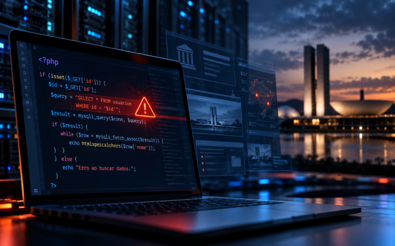 Arte digital com notebook exibindo código PHP e símbolo de alerta, com servidores e edifícios públicos ao fundo.