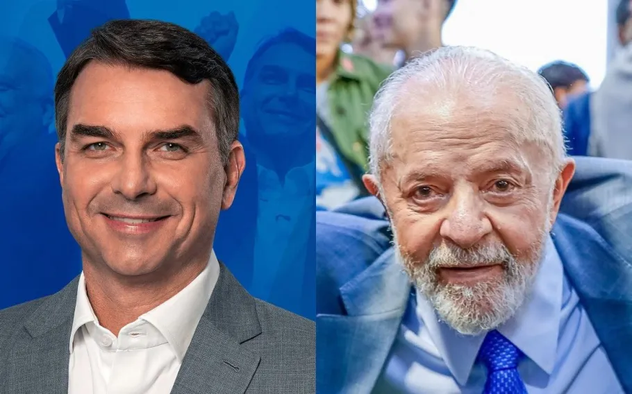 Montagem com Flávio Bolsonaro à esquerda, de terno cinza, e Lula à direita, de terno azul e gravata.
