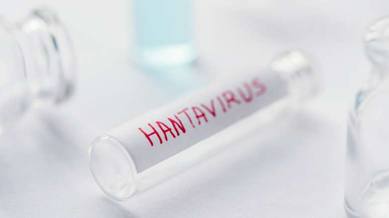 Tubo de ensaio deitado com a palavra HANTAVIRUS em vermelho, cercado por recipientes de vidro desfocados em ambiente claro.