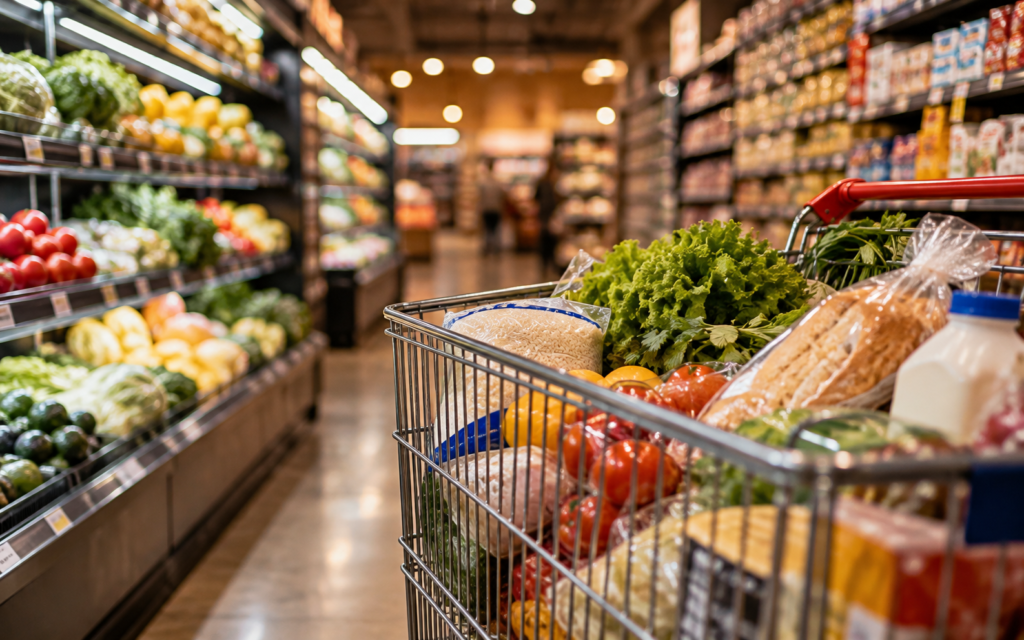 Carrinho de supermercado com alimentos e produtos de consumo, em corredor com prateleiras abastecidas, ilustrando a inflação no Brasil.