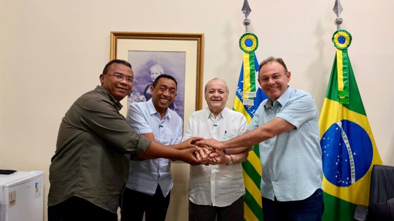 Participantes da reunião entre Joel Rodrigues e a gestão de Sílvio Mendes posam com as mãos sobrepostas, diante das bandeiras do Brasil e do Piauí.
