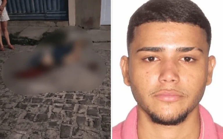Montagem dividida: à esquerda, pessoa caída em rua de paralelepípedos com o corpo desfocado; à direita, retrato de um jovem com camisa rosa e fundo branco.