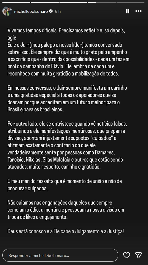 Captura de story do perfil verificado de Michelle Bolsonaro no Instagram, com declaração escrita em branco sobre fundo preto em defesa dos aliados políticos.