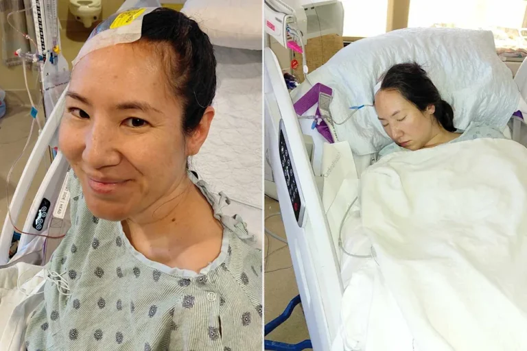 Montagem com duas fotos de Molly Poenitzsch no hospital: à esquerda, sorrindo com curativo na cabeça; à direita, deitada em uma cama hospitalar com os olhos fechados.