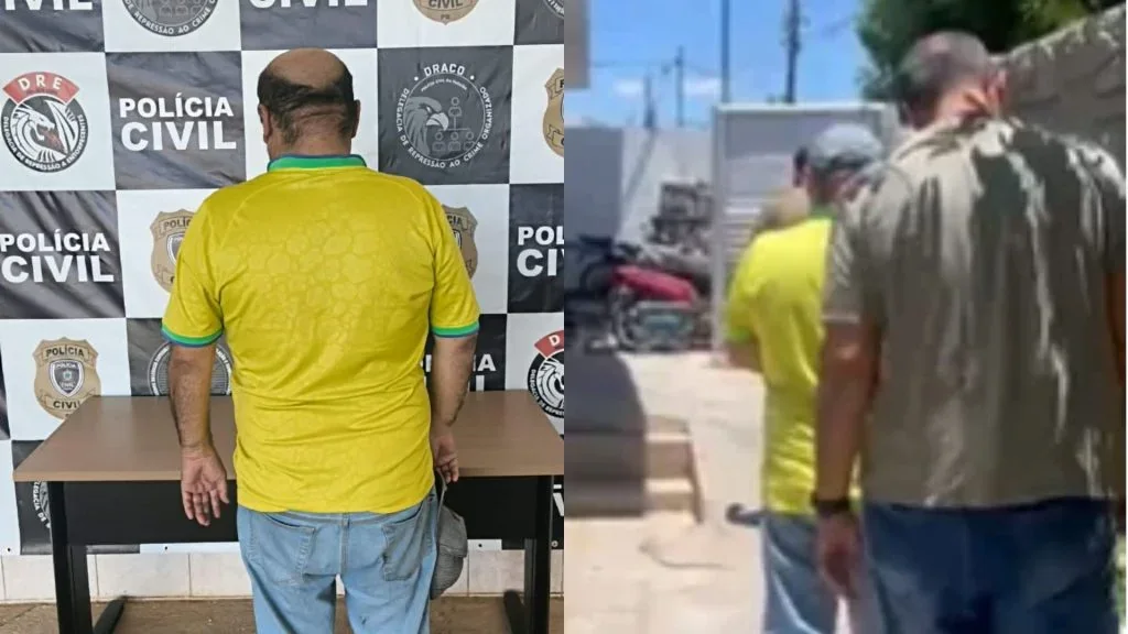 Montagem mostra homem de camisa amarela, visto de costas diante de painel da Polícia Civil; à direita, homem com camisa amarela caminha acompanhado por outro homem.