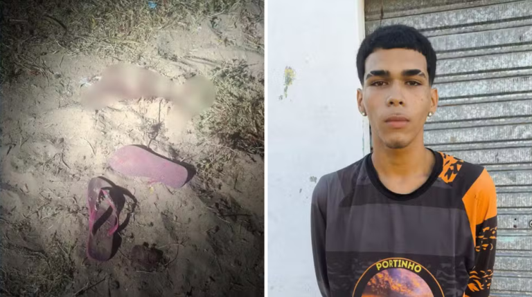 Montagem do local onde uma mulher baleada escapou de ser enterrada em Ilha Grande (PI), ao lado do retrato do suspeito Jhon Ende dos Santos Gomes.