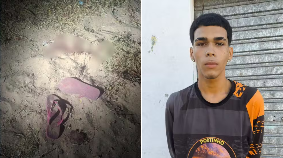 Montagem do local onde uma mulher baleada escapou de ser enterrada em Ilha Grande (PI), ao lado do retrato do suspeito Jhon Ende dos Santos Gomes.