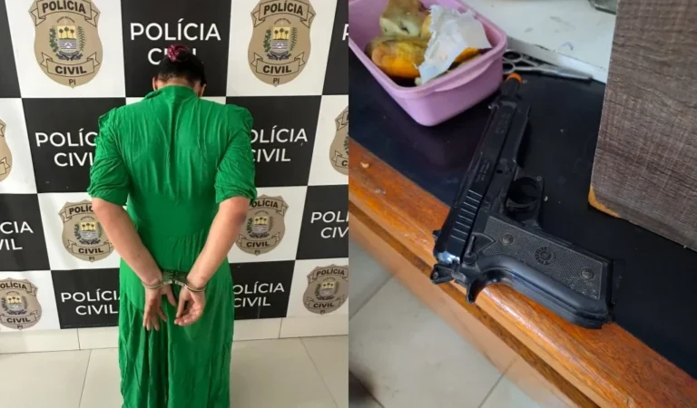 Montagem mostra mulher de vestido verde, de costas e com as mãos algemadas, diante de painel da Polícia Civil do Piauí; à direita, uma arma preta sobre uma mesa.