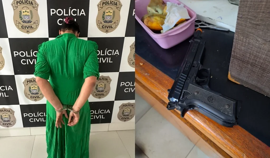 Montagem mostra mulher de vestido verde, de costas e com as mãos algemadas, diante de painel da Polícia Civil do Piauí; à direita, uma arma preta sobre uma mesa.