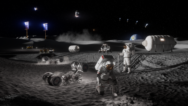 Ilustração da futura base lunar da Nasa, com astronautas, módulos habitáveis, veículos e equipamentos na superfície da Lua.