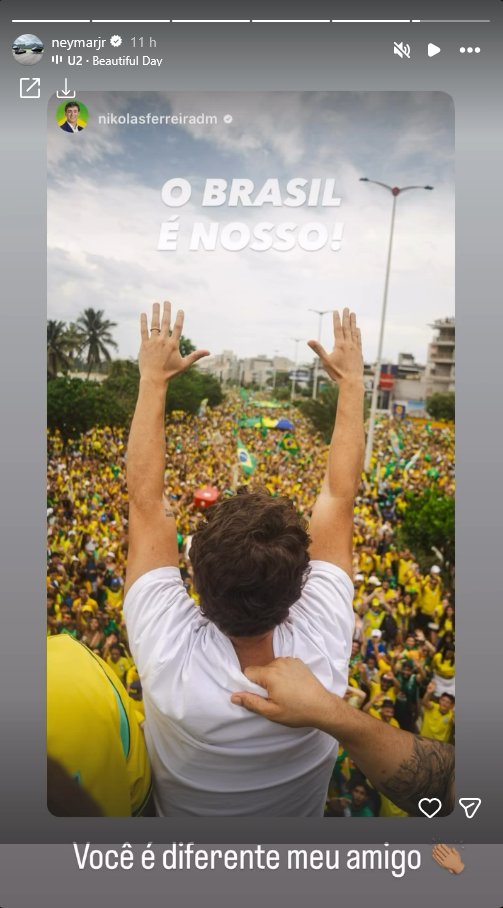 Captura de story de Neymar com multidão de verde e amarelo, bandeiras do Brasil e mensagem dirigida a Nikolas Ferreira.