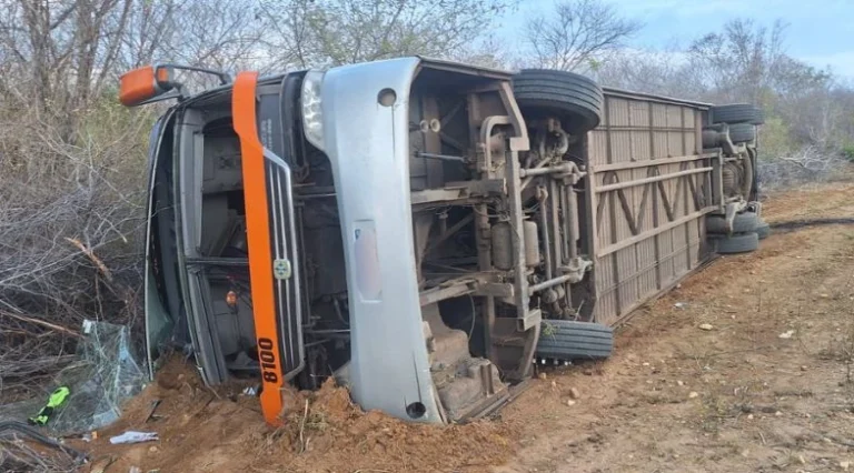 Ônibus cinza com detalhes laranja tombado de lado em terreno de terra, com rodas e parte inferior expostas, próximo à vegetação seca.