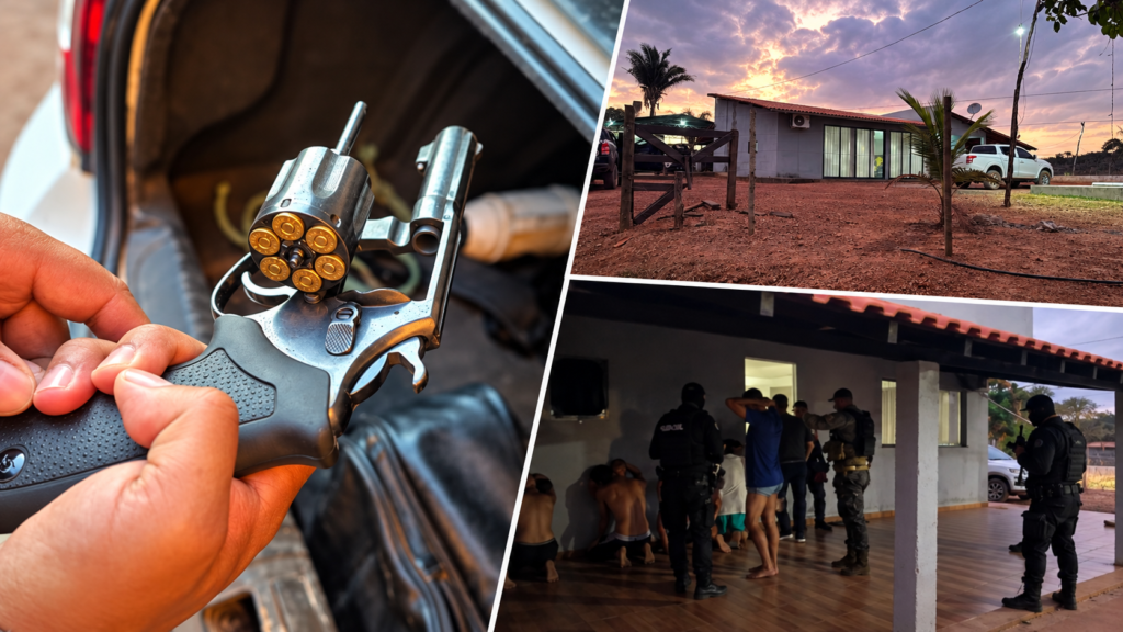Colagem com revólver apreendido, imagem de fazenda e ação policial durante a prisão de Igor Gordão no Maranhão.