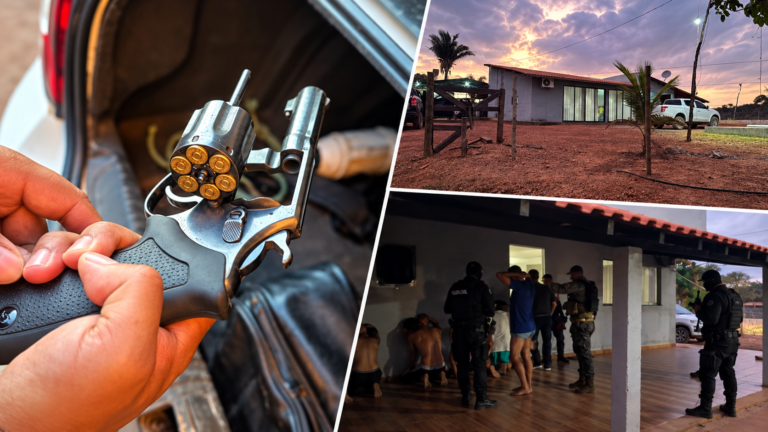 Colagem com revólver apreendido, imagem de fazenda e ação policial durante a prisão de Igor Gordão no Maranhão.