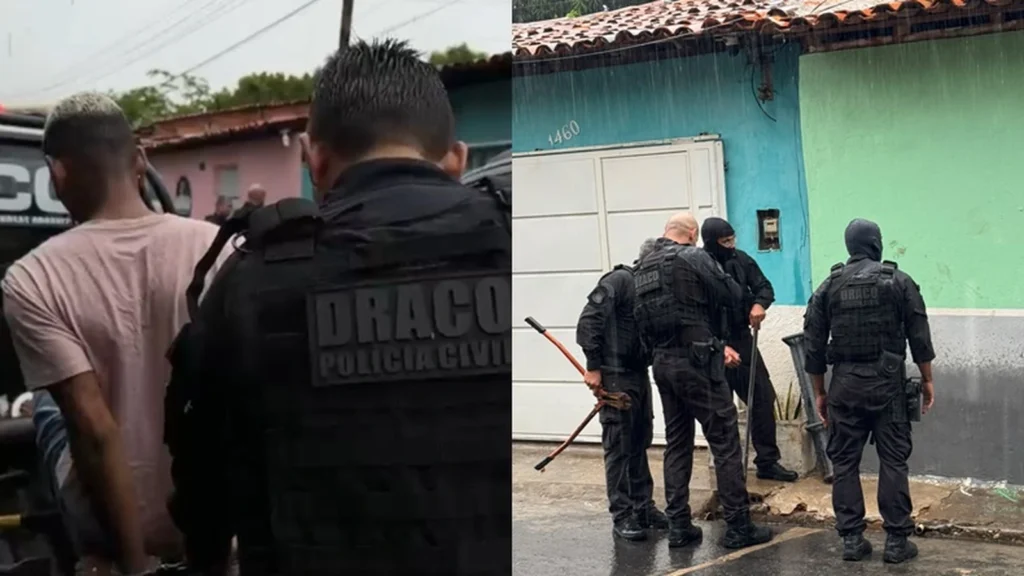 Montagem mostra agente do Draco acompanhando um homem e policiais em frente a um imóvel de fachada verde em Teresina.