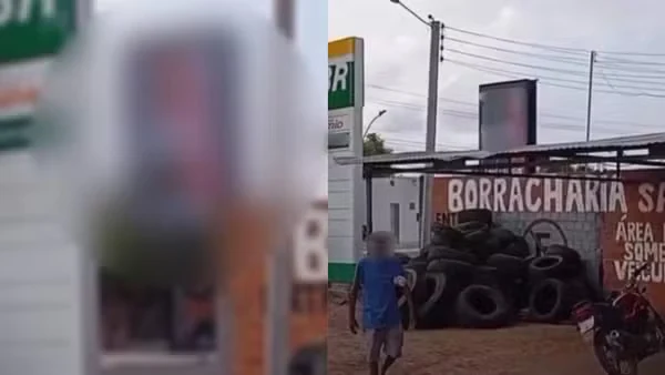 Montagem do painel de LED em Campo Maior: à esquerda, tela com imagem desfocada; à direita, estrutura publicitária próxima a uma borracharia com pneus empilhados.