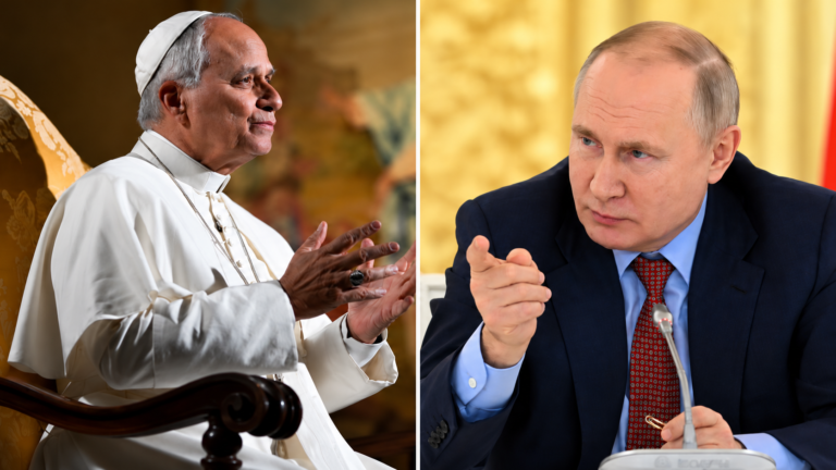 Montagem com o papa Leão XIV e o presidente russo Vladimir Putin, que conversaram por telefone sobre uma trégua humanitária na Ucrânia.