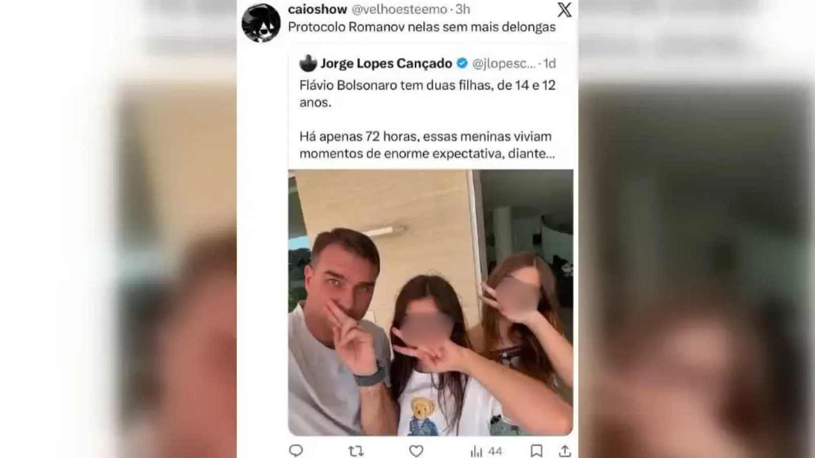 Captura de tela de publicação no X atribuída a Caio Anjo Fernandes, com a frase Protocolo Romanov nelas sem mais delongas.