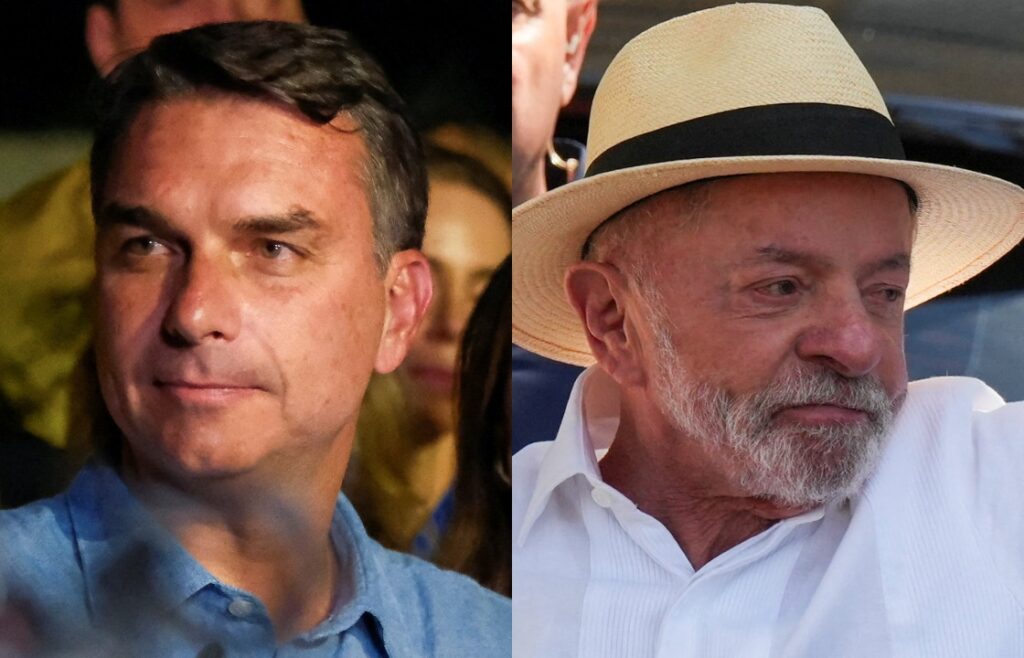 Montagem ilustrativa de Flávio Bolsonaro, à esquerda, e Lula, à direita, sobre o cancelamento do debate presidencial na Record.