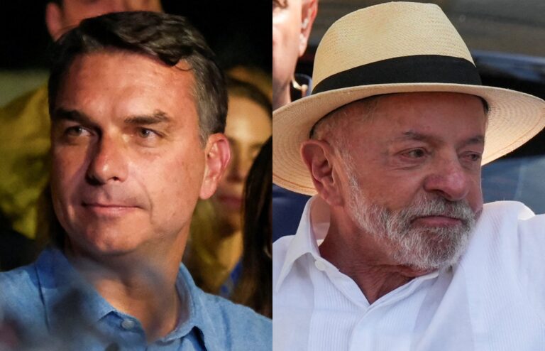 Montagem ilustrativa de Flávio Bolsonaro, à esquerda, e Lula, à direita, sobre o cancelamento do debate presidencial na Record.
