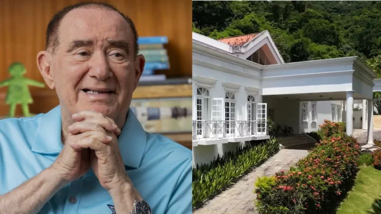 Montagem mostra Renato Aragão sorrindo, de camisa azul-clara e mãos unidas, ao lado de uma mansão branca com jardim e entrada coberta.