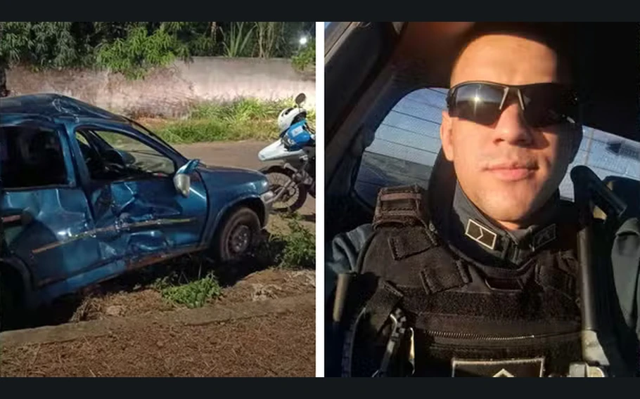 Montagem com carro azul danificado à esquerda e retrato do soldado Thércio Almendra, de óculos escuros e colete tático, à direita, separados por uma faixa branca.