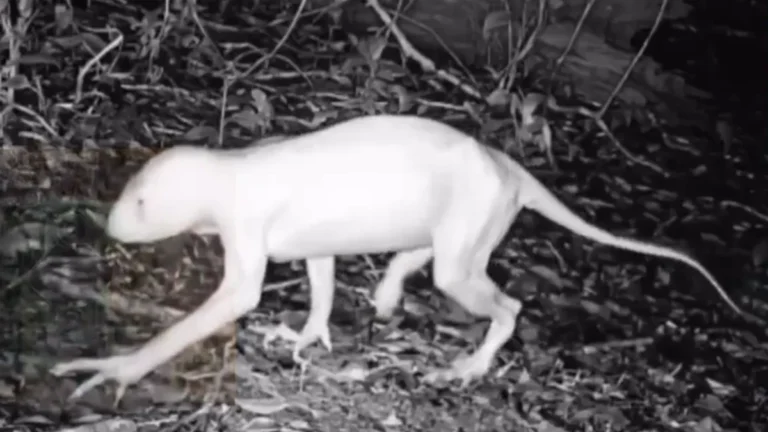 Imagem em tons de cinza mostra uma figura semelhante a um animal quadrúpede, de corpo claro, patas alongadas e cauda comprida, sobre solo com folhas e galhos.