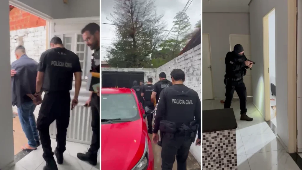 Montagem mostra policiais conduzindo um homem, agentes ao lado de um carro vermelho e policial armado durante operação em imóvel.