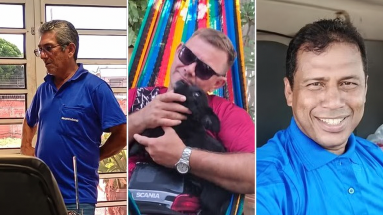 Montagem com três caminhoneiros: Iran Rodrigues Vaz, de camisa azul e óculos, à esquerda; Lucilane Medeiros Melo, de óculos escuros e segurando um cachorro preto, ao centro; e Valdinar do Nascimento Santos, sorrindo e vestindo camisa azul, à direita.